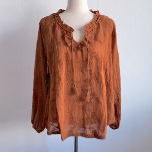 NWT Shyanne Boho Embroidered Beaded Burnt Orange Ruffle Long Sleeve Blouse Sz S
